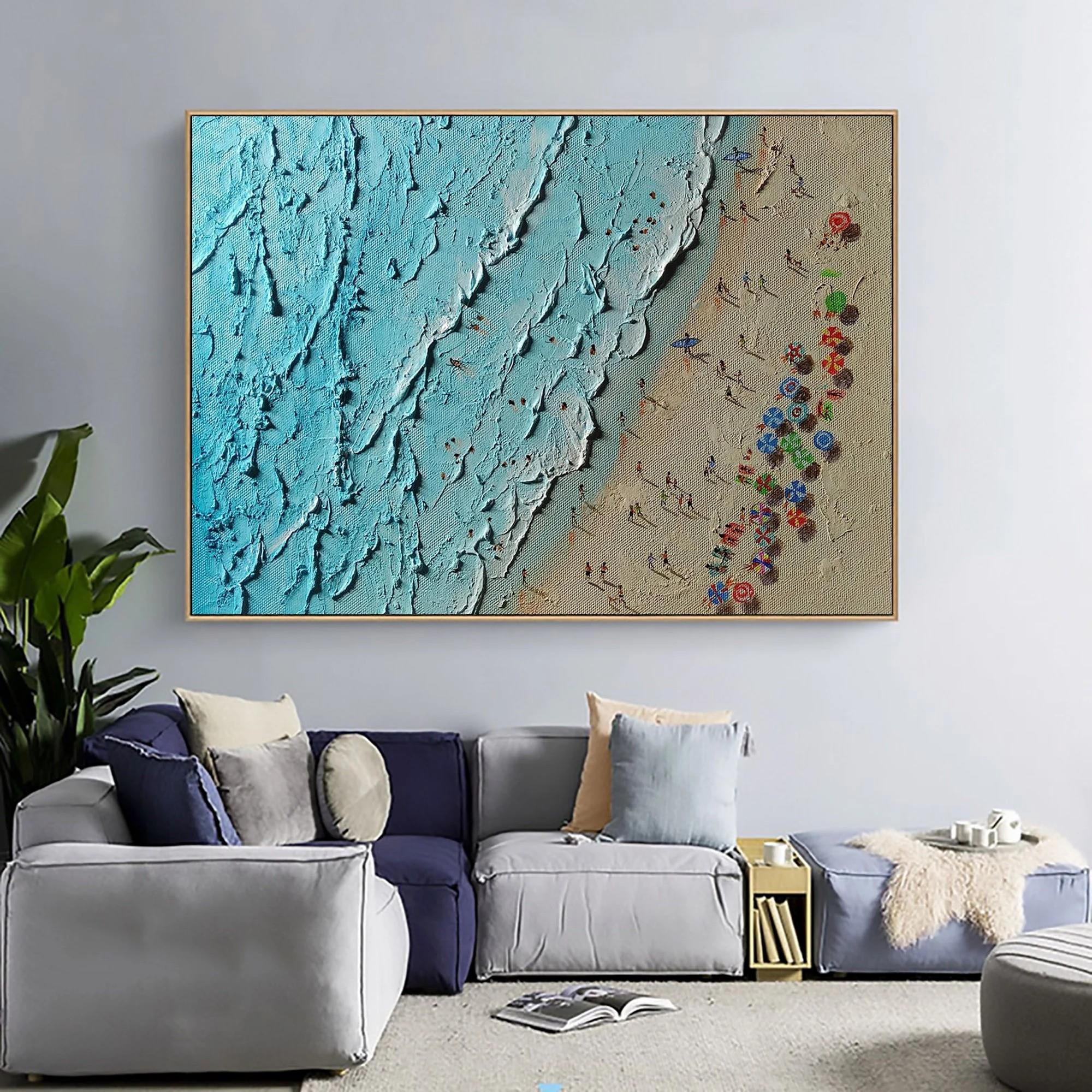 パレットナイフによる夏の海辺の波ウォールアートミニマリズム油絵
